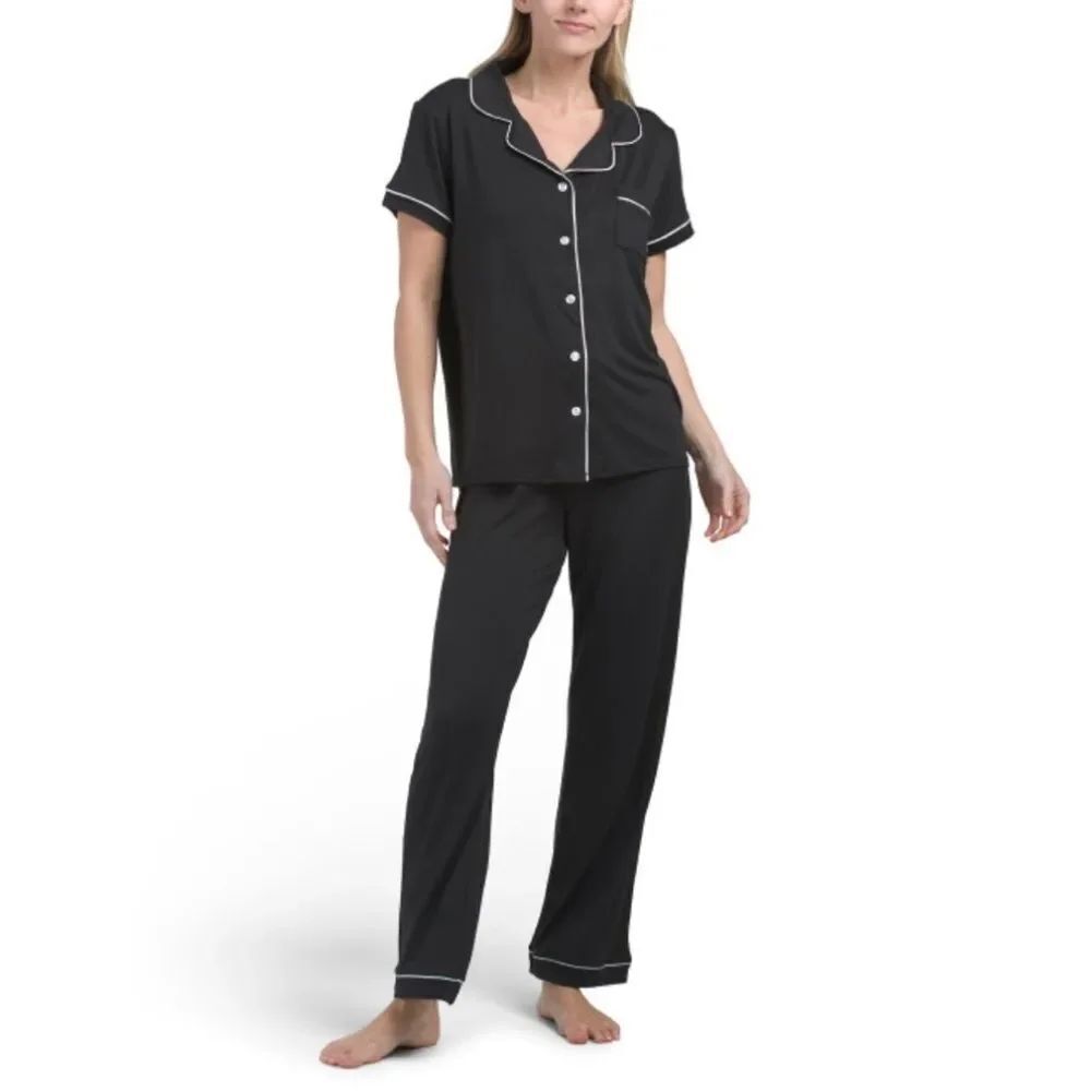 BORN Black White Button Down Notched Collar Short Sleeve Long Pants Pajama Set